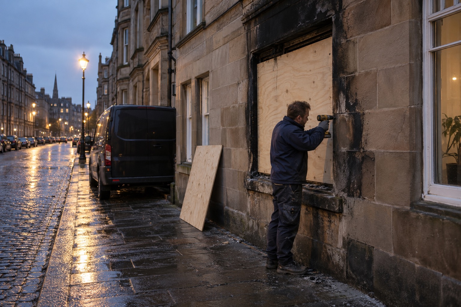 A technician screwing plywood over a fire-damaged tenement window at dusk