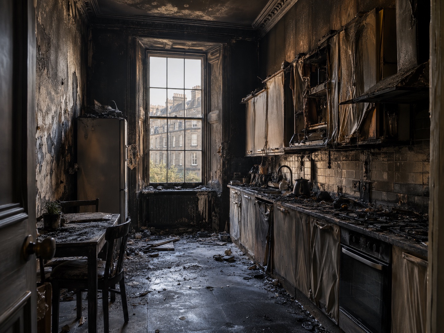 Heavy soot damage in an Edinburgh tenement kitchen