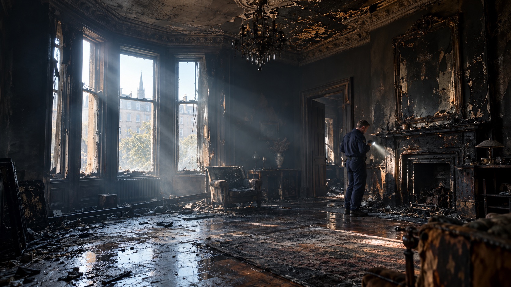 A fire-damaged Glasgow drawing room with soot on the ornate ceiling
