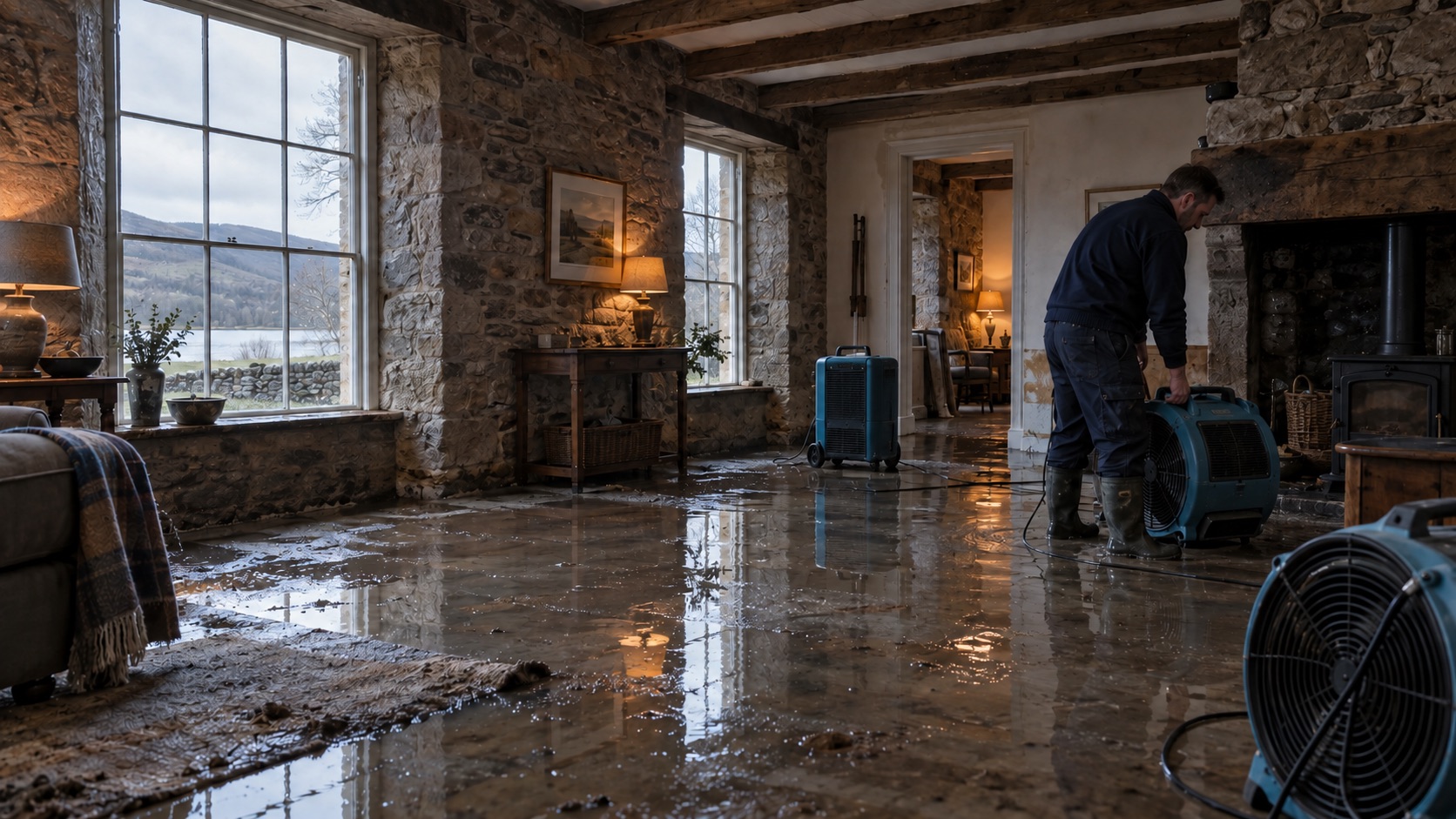 A flooded Perthshire cottage with drying equipment in place