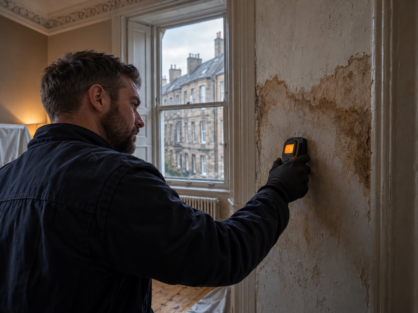 A moisture meter held against a water-stained plaster wall