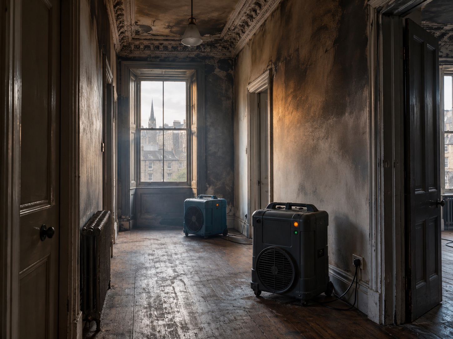 Odour control machinery running in a smoke-damaged hallway