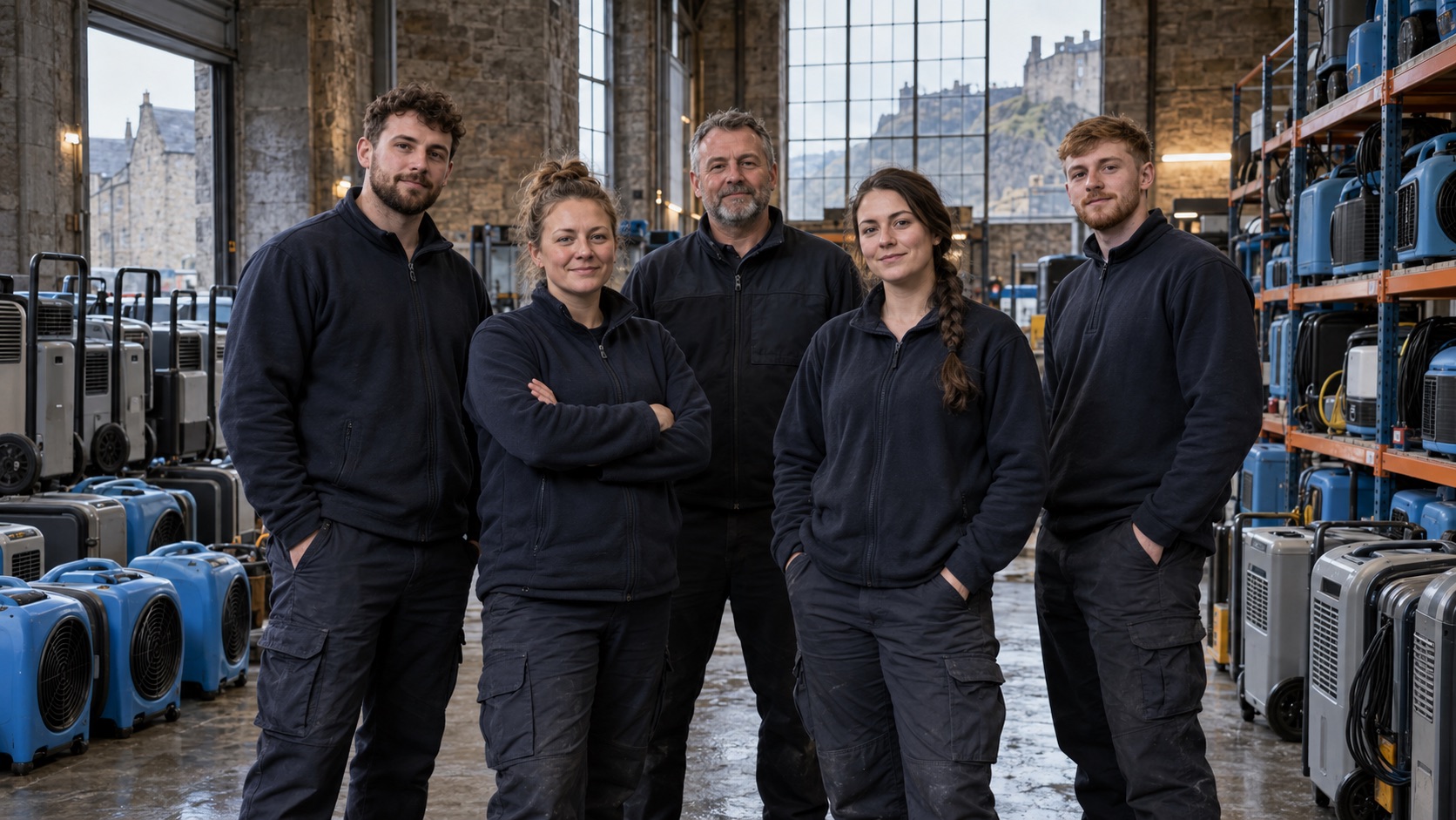 Five restoration technicians in the equipment warehouse