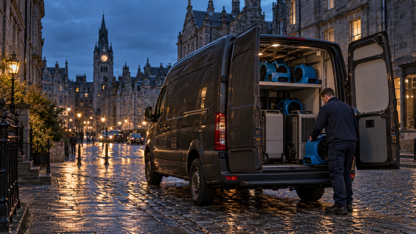 A loaded equipment van on a granite street at dusk